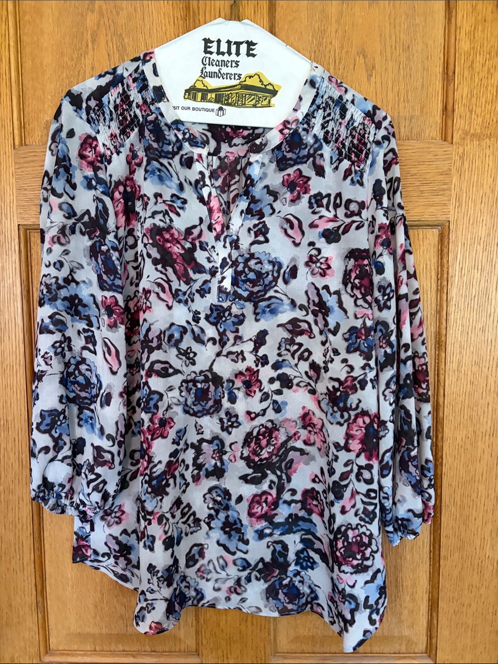 Chaps Floral Smocked-Yoke Blouse in Pink & Blue